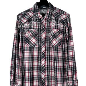 Pop Icon Clothing Men's Snap Shirt S Red‎ Black Plaid Embrodiered Western Cowboy